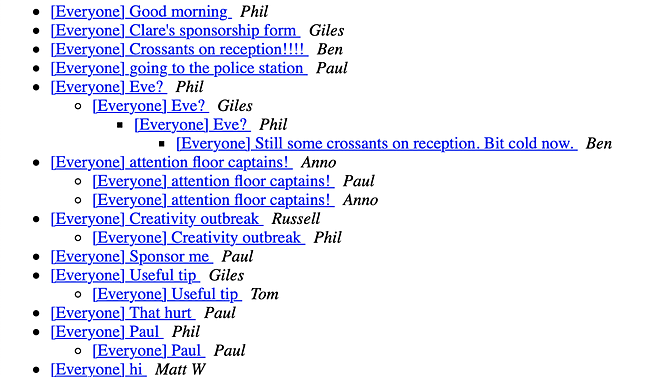 Screenshot of an email archive with subject lines like 'Good morning', 'attention floor captains!', and 'Creativity outbreak'