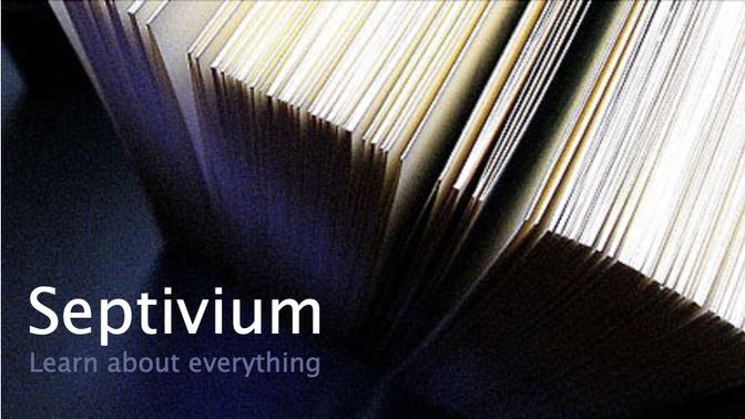The banner image from the site, a photo of a partially-open book from above, overlaid with the text 'Septivium: Learn about everything'